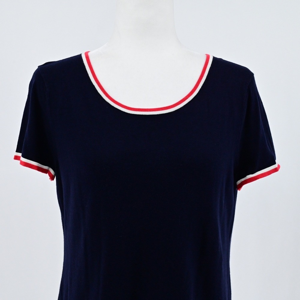 Talbots Preppy Navy Blue Red White Striped Trim Cardigan Shell Twin Set Luxe - Picture 14 of 16